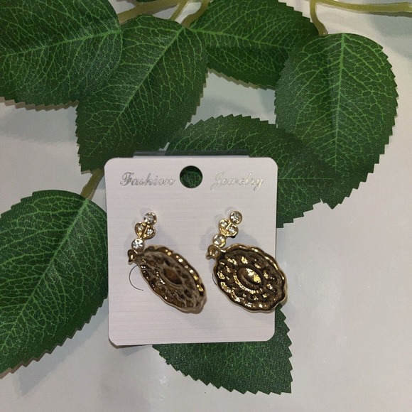 Faux Sapphire/Gold Rhinestones Beautiful Pierced Earrings Fashion Jewelry NWT - Picture 5 of 5